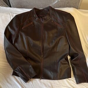 Tribal Dark Brown Leather Jacket with Red Accents